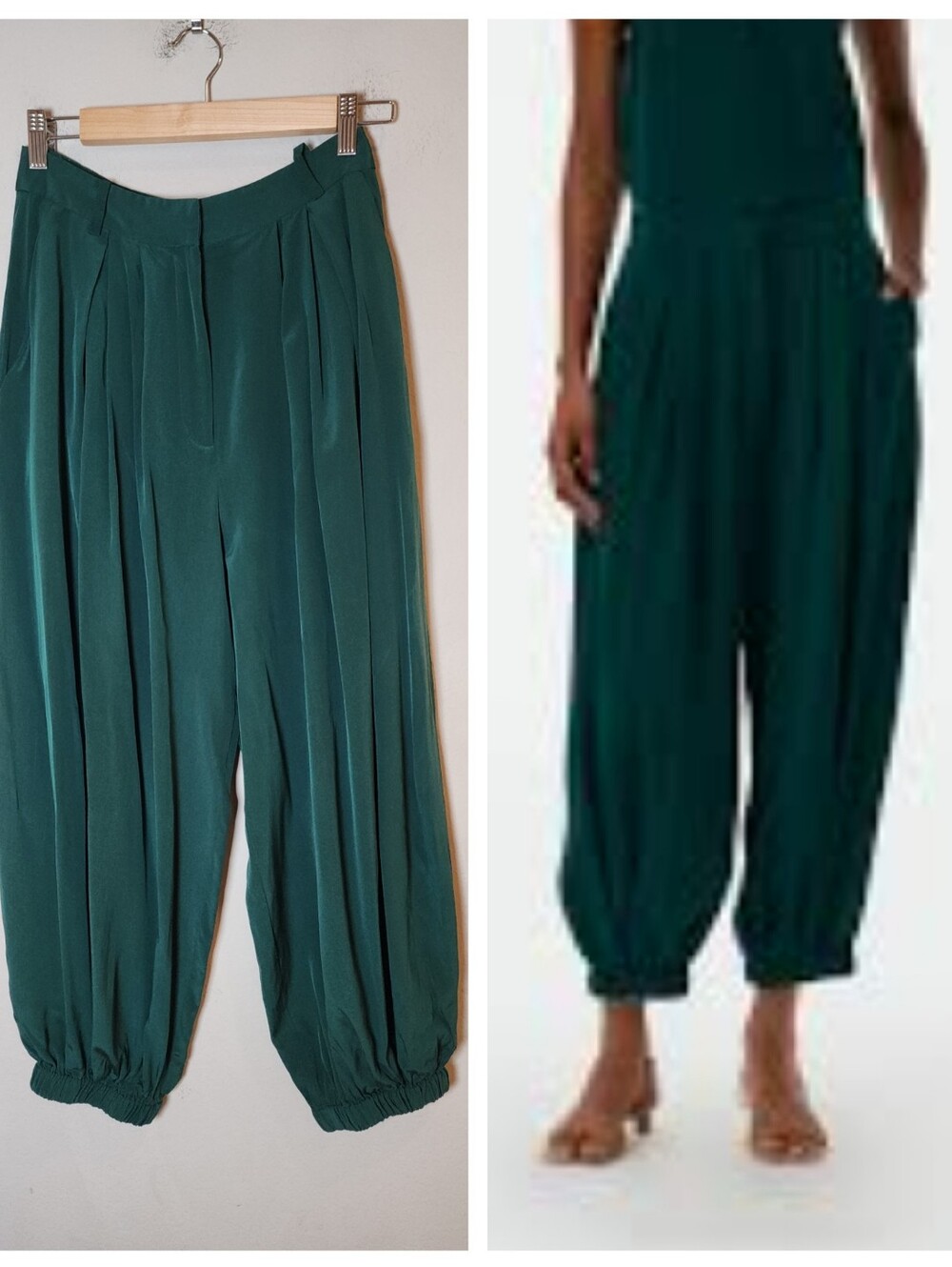 Tibi 100% Eco Silk Pleated Balloon Pant Pine Green Pockets Women's Size 2